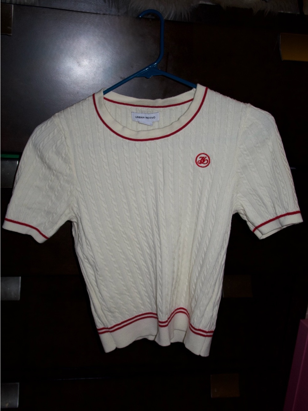 Urban Revivo Cream Cable-Knit Short Sleeve Sweater with Red Trim